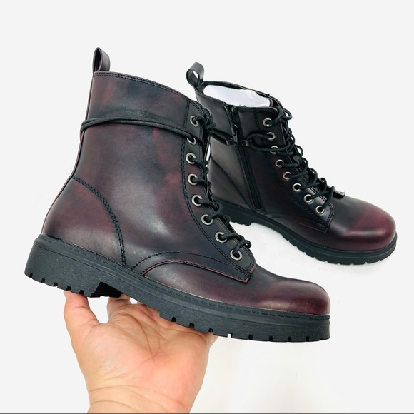 SO Women Burgundy Combat Boots Faux Leather Laced Up - Picture 6 of 10